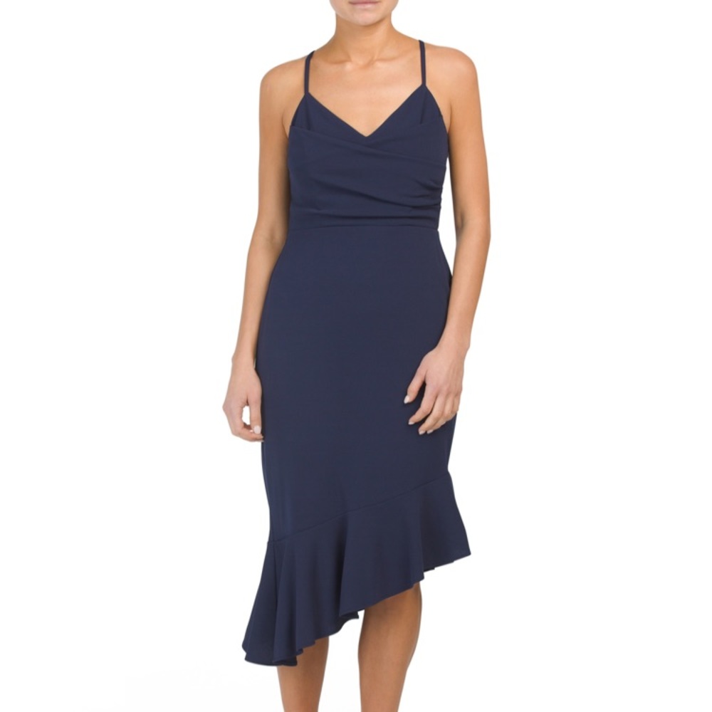 Spaghetti Strap V Neck Asym Hem Sheath Dress